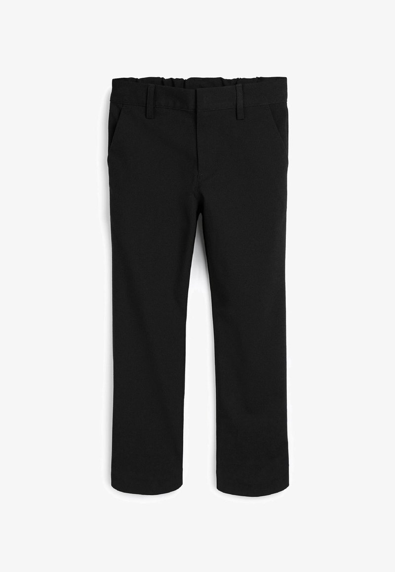 Pantalons noirs présentant une taille élastique, un design structuré, deux poches avant et des jambes droites, fabriqués à partir d'un tissu lisse.