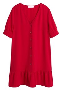 Czerwona sukienka z dekoltem w serek, krótkie rękawy, z guzikami z przodu i falbaną na końcu, luźny krój.