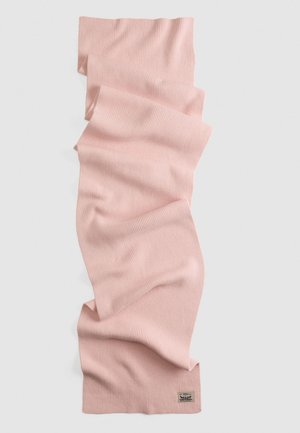 Geribde roze sjaal gemaakt van zacht gebreid materiaal. Heeft een klein logo-label aan één uiteinde. Heeft een golvende, draperende uitstraling.