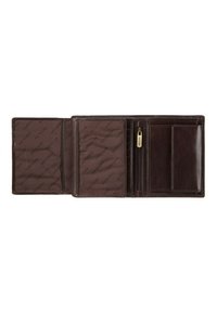 Portefeuille en cuir brun foncé avec plusieurs compartiments, y compris une poche zippée et des fentes pour cartes, doté d'une doublure texturée avec le logo de la marque.