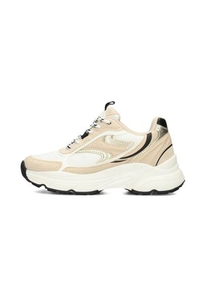 Beige-weiße klobige Sneaker mit schwarzen Akzenten, dicker Sohle, Mesh- und Wildledermaterialien sowie gemusterten Schnürsenkeln.