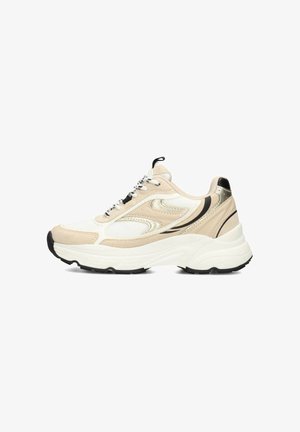 Beige en witte chunky sneaker met zwarte accenten, dikke zool, mesh en suède materialen, en patroonveter.