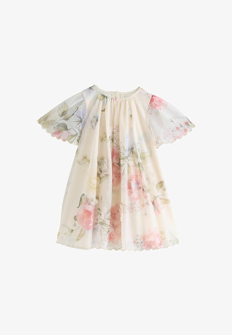 Sheer white dress with pink and green floral patterns, short scalloped sleeves, and a loose, flowing fit.