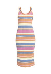 Rippiges Midikleid mit mehrfarbigen horizontalen Streifen in Pfirsich, Rosa, Lavendel, Blau und Creme. Ärmellos mit rundem Ausschnitt.