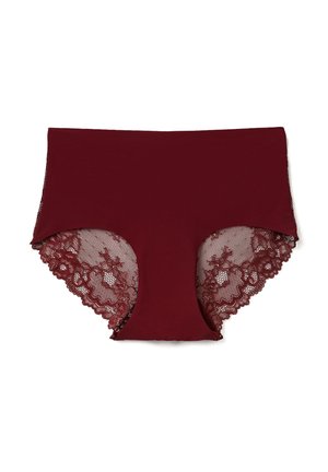 Burgundské kalhotky s krajkovým lemem, které poskytují plné pokrytí, mají bavlněné tělo a průhlednou krajku s květinovým vzorem po stranách.