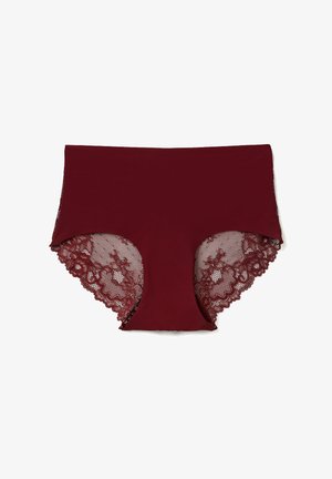 Burgundy lace-trimmed full-coverage underwear with a cotton body and sheer floral-patterned lace on the sides.
