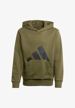 Zelena pamučna dukserica s velikim crnim logotipom sprijeda, kengurudžerskim džepom, rebrastim manžetama i rubom, te kapuljačom s vezicom.
