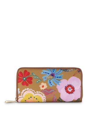 Bruine ritsportemonnee met kleurrijke bloemenpatronen in rood, blauw, roze en geel, met een klein metalen Oilily-logo aan de voorkant.