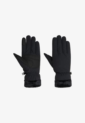 Zwarte handschoenen met een waterdichte stof, een gestructureerde gripsectie op de handpalmen en een zachte nepbontmanchet voor warmte en comfort.