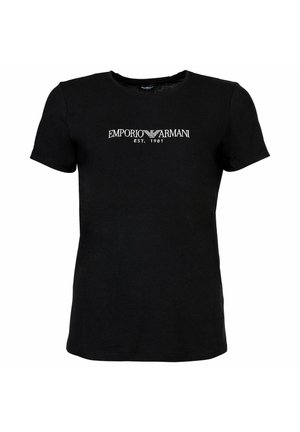 Schwarzes T-Shirt mit kurzen Ärmeln, weißem Emporio Armani Logo und dem Text "EST. 1981" mittig auf der Brust.