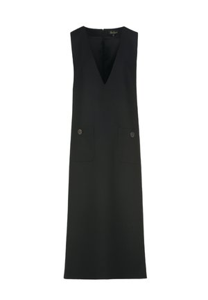 Robe noire sans manches avec un décolleté en V, deux poches avant et des boutons décoratifs. Le tissu est lisse et structuré. Fermeture éclair au dos.