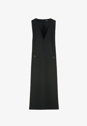 Black sleeveless dress with a V-neck, two front pockets, and decorative buttons. The fabric is smooth and structured. Back zip closure.