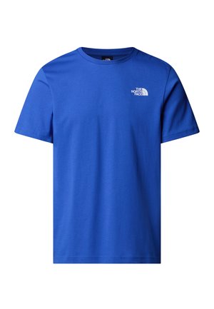 T-shirt en coton bleu avec un col ras du cou et des manches courtes. L'avant présente un logo blanc de The North Face en haut à gauche.