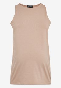 Débardeur de maternité beige en tissu doux et extensible, au design simple, sans manches et col rond. Aucun motif ou accent notable.