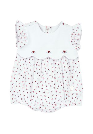 Vestitino bianco per bambino con maniche corte sfrangiate, caratterizzato da un giogo smerlato e piccoli motivi floreali rossi e blu su tutta la superficie. Chiusura con bottoni sul retro.