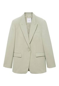 Světle zelený blejzr vyrobený z hladké látky. Obsahuje klopový límeček, jednobotonové zapínání, dvě přední kapsy a kapsu na hrudi.