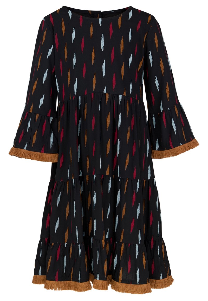 Mustat mekko, jossa on kerroksittainen muotoilu, ja se sisältää värikkään kuvion, jossa on sinisiä, punaisia ja ruskeita muotoja. Leveät hihat, joissa on fringedetail?