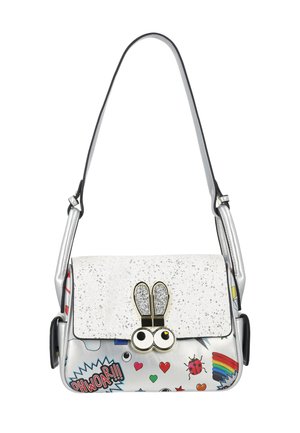 Stříbrná kabelka přes rameno s třpytivým klopou, zapínání ve tvaru zajíčka s očima, barevné komiksové motivy včetně srdcí, duhy a berušky.