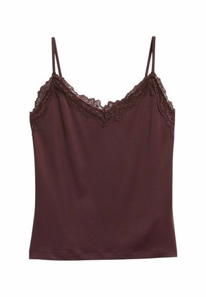 Braunes ärmelloses Camisole-Top mit dünnen Trägern und Spitzenverzierung entlang des Ausschnitts und im oberen Brustbereich.
