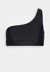 Svart baddräktstop med en axel i mjukt, elastiskt tyg. Har en slank design och minimal sömnad för ett enhetligt utseende.