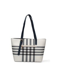 Borsa a tracolla in materiale sintetico bianco con manici blu navy. Presenta un motivo a quadretti in toni di grigio e una tasca con zip dorata sul davanti.