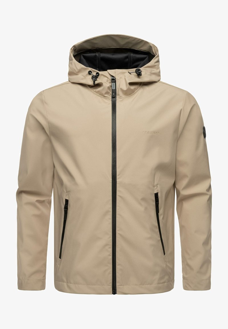 Beige waterproof jacket with a hood, zip closure, black accents, and side pockets. Smooth texture with minimal branding on the chest.