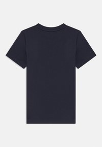 Navy blue short-sleeve T-shirt made of cotton, featuring a round neckline and smooth texture, with no visible patterns or accents.