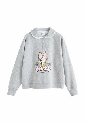 Szara bluza z długim rękawem i koronkowym kołnierzykiem, z kreskówkową twarzą Daisy Duck i tekstem "DAISY Duck" oraz ilustracjami kwiatów.