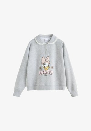 Szara bluza z długim rękawem i koronkowym kołnierzykiem, z kreskówkową twarzą Daisy Duck i tekstem "DAISY Duck" oraz ilustracjami kwiatów.