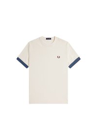 Camiseta corta de manga corta en color crema, hecha de algodón, con acentos a rayas en azul y azul marino en las mangas y un pequeño logotipo bordado en el pecho.