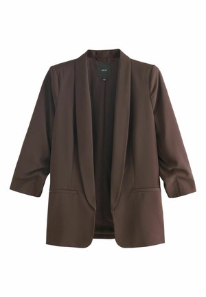 Blazer maro cu guler tip șal, mâneci lungi și două buzunare frontale. Fabricat dintr-un material neted, cu un design deschis în față și fără închideri.