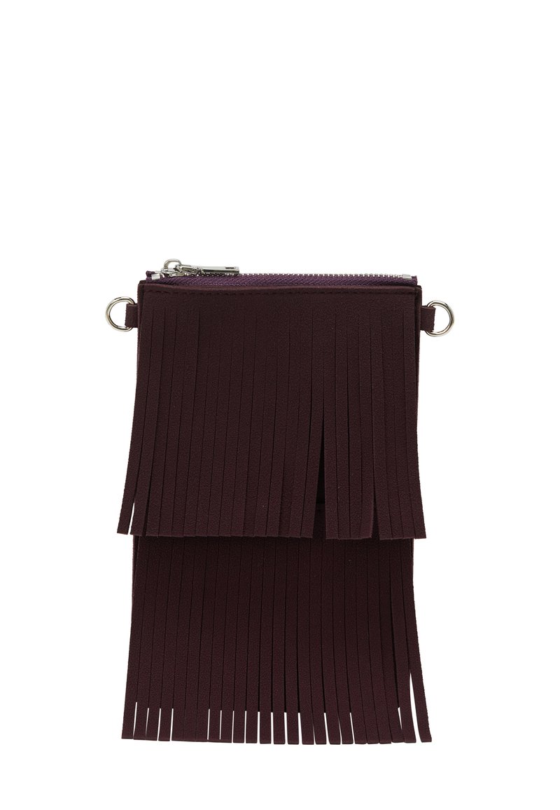 Burgundowa torebka z frędzlami, wykonana z miękkiego materiału, z zapięciem na zamek błyskawiczny, z pionowymi paskami i odczepianą pętlą do noszenia lub przymocowania.