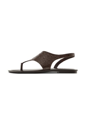 Dark brown leather flat sandal with toe post and slingback strap, featuring a textured pattern on the upper part.
