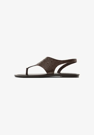 Dark brown leather flat sandal with toe post and slingback strap, featuring a textured pattern on the upper part.
