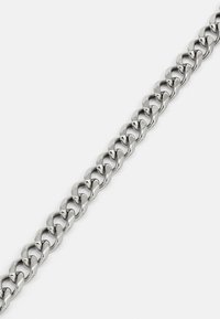 Catena in metallo argento con anelli intrecciati, caratterizzata da una finitura liscia e lucida e da una forma uniforme e allungata.