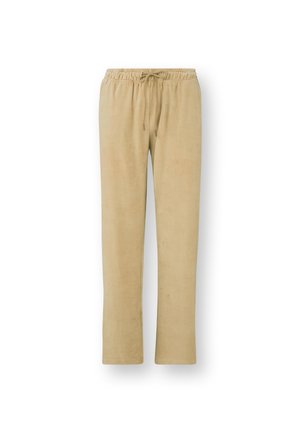 Beige, zachte, elastische broek met een verstelbare koord, recht model, gladde textuur en geen zichtbare patronen of hardware.