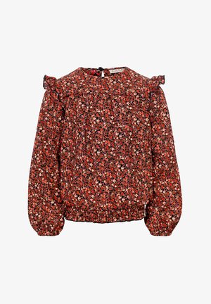 Rode bloes met bloemenmotief van textuurstof, opbollende lange mouwen, geplooide accenten op de schouders en een keyhole sluiting op de rug.