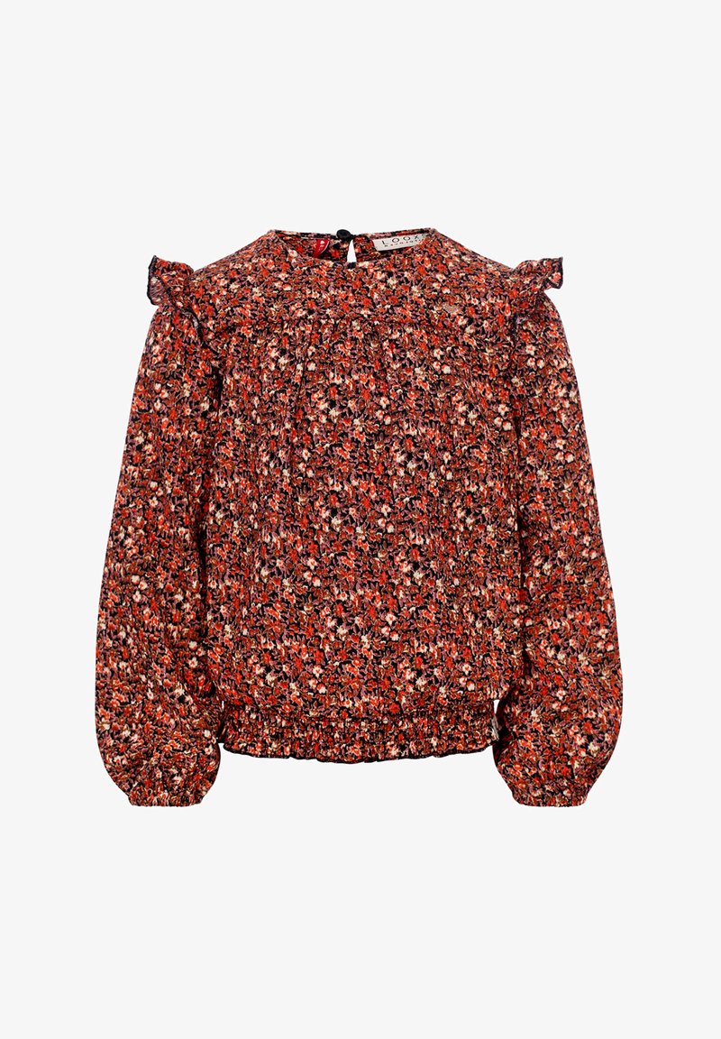 Rode bloes met bloemenmotief van textuurstof, opbollende lange mouwen, geplooide accenten op de schouders en een keyhole sluiting op de rug.