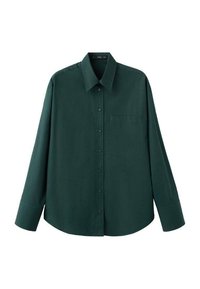 Green long-sleeve shirt made of smooth fabric. Features a classic collar, button front, and a single chest pocket.