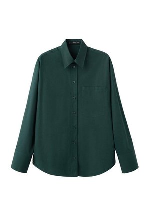 Grünes, langärmeliges Hemd aus glattem Stoff. Es verfügt über einen klassischen Kragen, eine Knopfleiste vorne und eine einzelne Brusttasche.