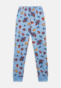 Lyseblå pyjamabukser lavet af blødt stof. Har et print med Spider-Man, komiske handlingsord og edderkoppe-motiver over det hele. Med elastisk talje.