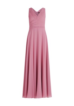 Robe longue sans manches en rose poussiéreux. Présente un décolleté en V, un corsage plissé et une jupe fluide. Accentuée par une ceinture ornée de perles.