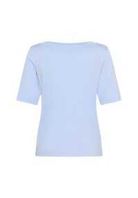 Haut à manches courtes bleu clair en tissu doux. Présente un col large et une silhouette ajustée avec une texture lisse.