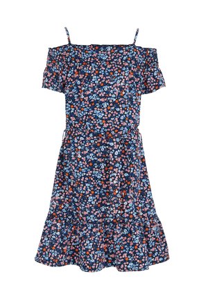 Marineblå off-shoulder kjole med tynde stropper, flerfarvet lille blomsterprint, taljebånd og flæsekant.