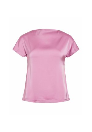 Haut rose en satin à manches courtes avec un col rond, texture lisse et coupe décontractée, présentant un ourlet droit et des détails de design minimalistes.