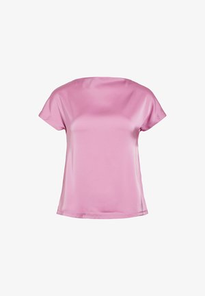 Haut rose en satin à manches courtes avec un col rond, texture lisse et coupe décontractée, présentant un ourlet droit et des détails de design minimalistes.