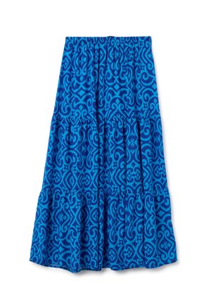 Blue tiered skirt made of fabric with a swirling geometric pattern. Elastic waistband; flowing design with a textured finish.