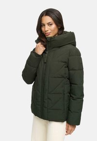 Green puffer jacket with a high collar, zip closure, and side pockets. Features a quilted design and smooth, durable fabric texture.