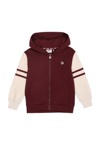 Felpa zipata bordeaux con cappuccio e maniche crema, caratterizzata da strisce rosse sulle maniche e un logo sul petto. Finitura liscia.