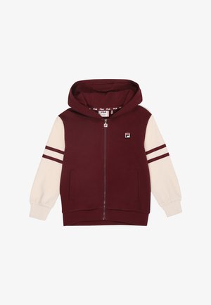 Bordeauxfarbener Reißverschluss-Hoodie mit einer cremefarbenen Kapuze und Ärmeln, versehen mit roten Streifen an den Ärmeln und einem Logo auf der Brust. Glatte Textur.